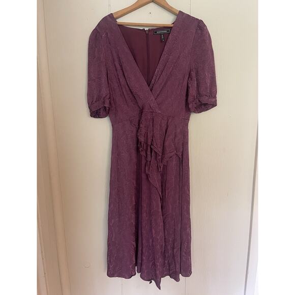 BCBGMAXAZRIA V Neck Wine Purple Paisley Victorian 40s Ladylike Dress 12 - Picture 4 of 7